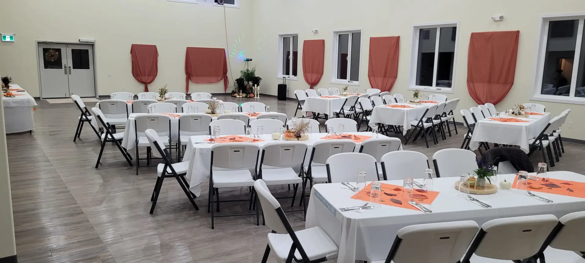 The serving area between the kitchen and the hall, set up for a buffet